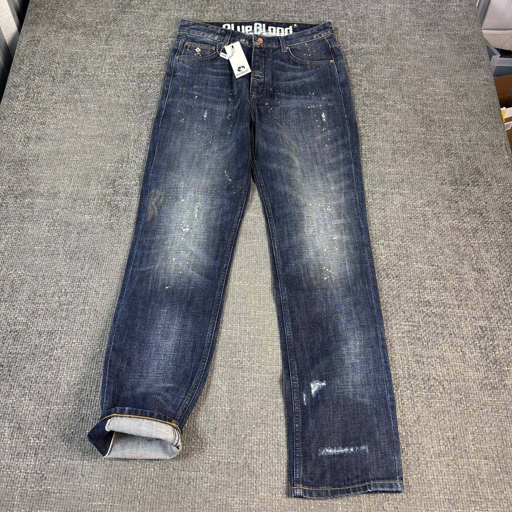 Blue Blood Steve Fat Slim Jeans Mens 30x32 Indigo Paint Splatter Selvedge Denim